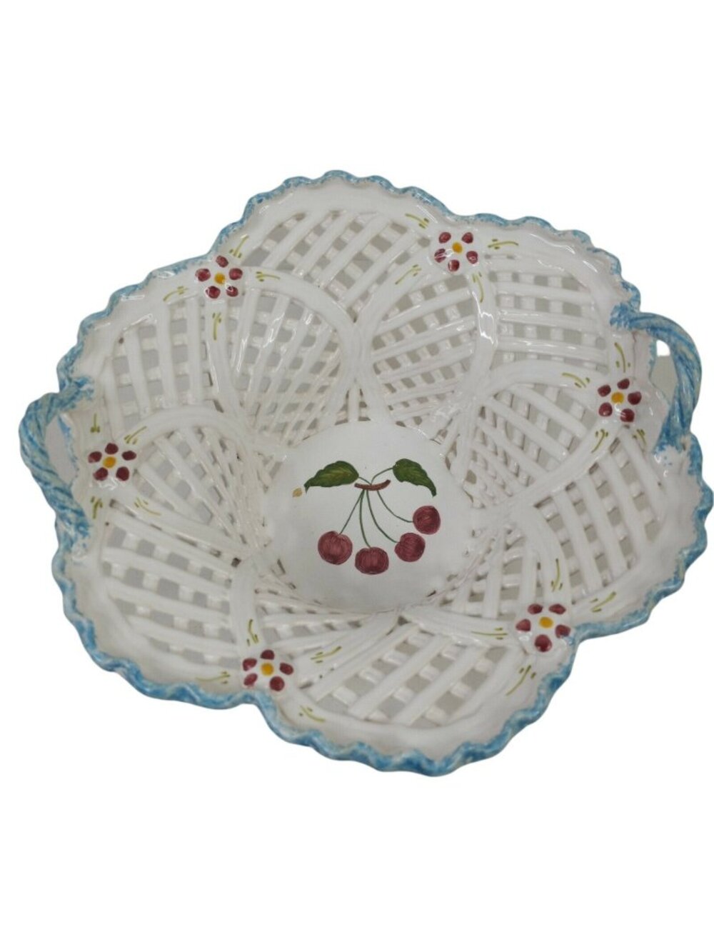 Hand Painted Ceramic White Basket Weave Bowl With Floral Cherry Details Handles